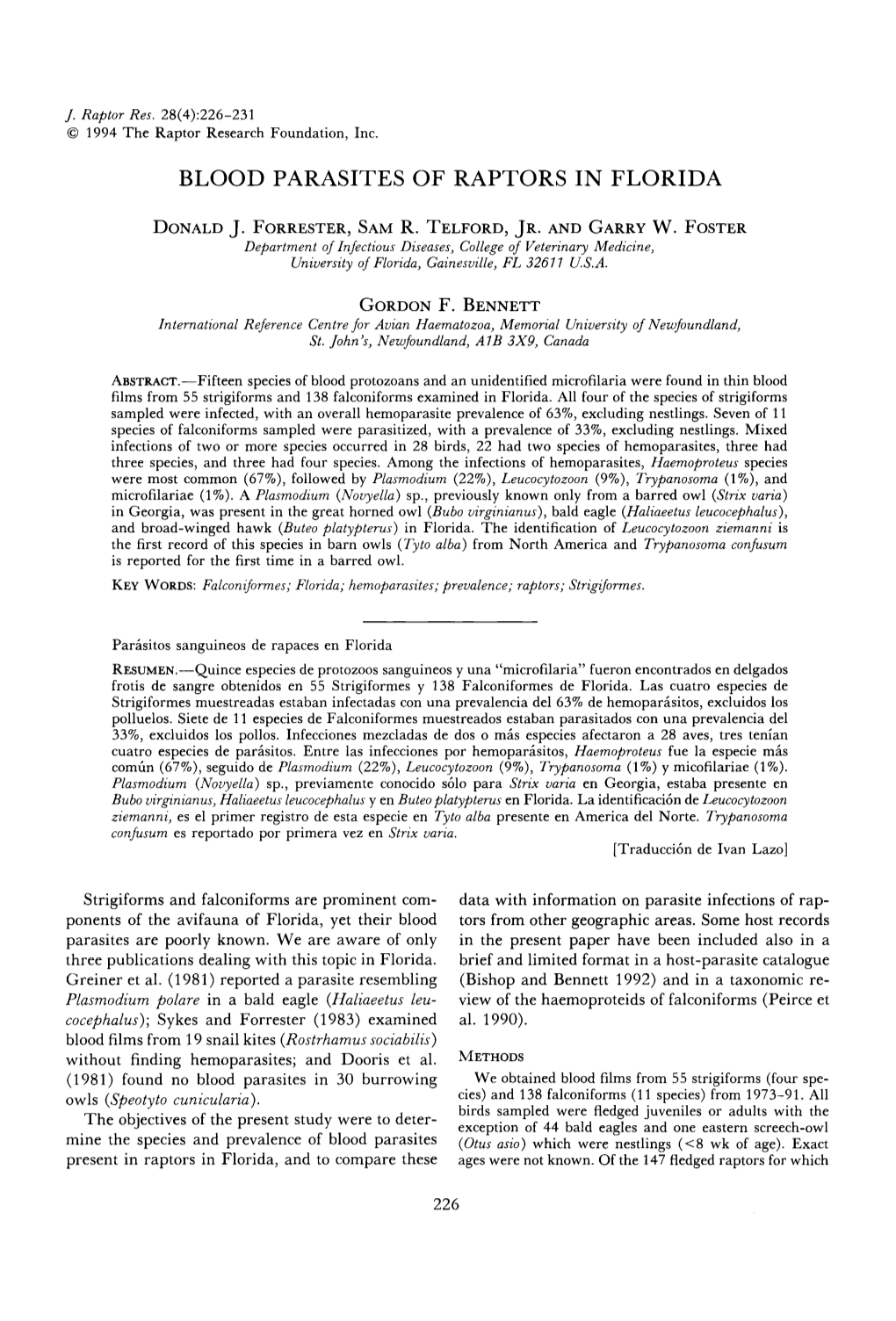 Blood Parasites of Raptors in Florida