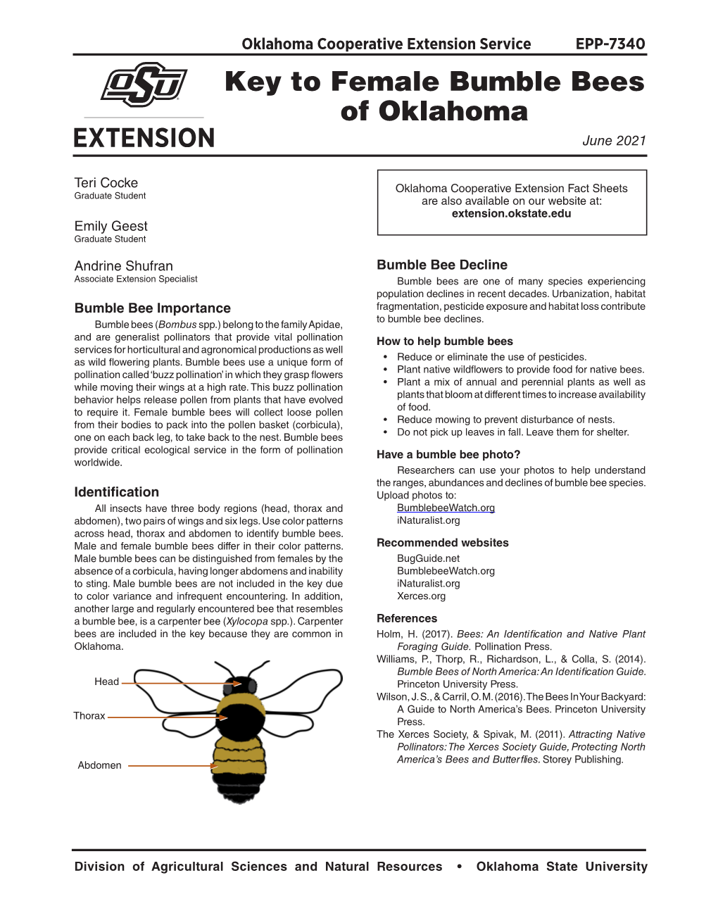 Key to Female Bumble Bees of Oklahoma June 2021