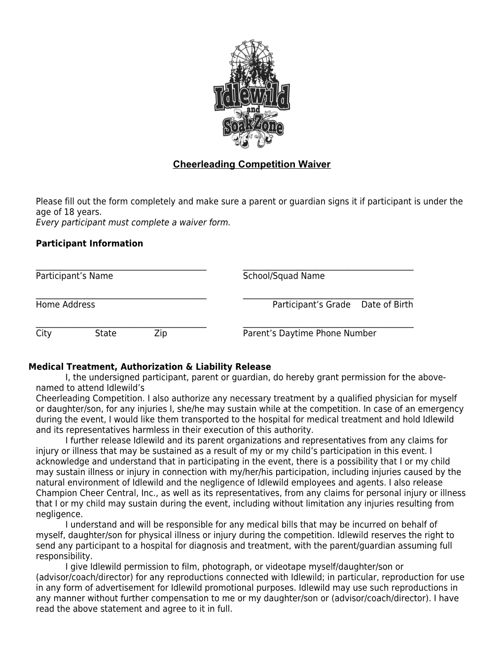 IDLEWILD & SOAKZONE Cheerleading Competition Waiver