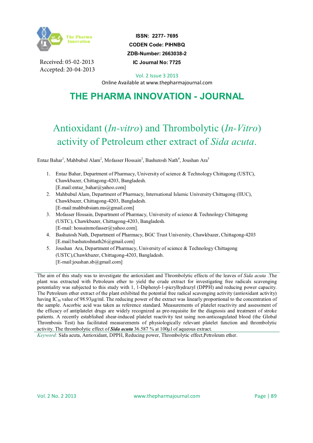 And Thrombolytic (In-Vitro) Activity of Petroleum Ether Extract of Sida Acuta