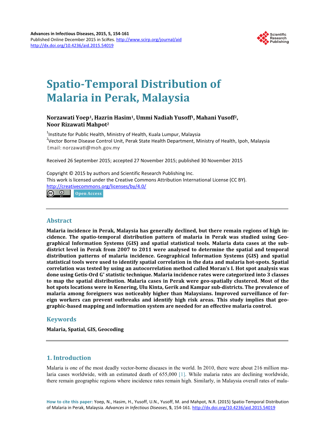Spatio-Temporal Distribution of Malaria in Perak, Malaysia