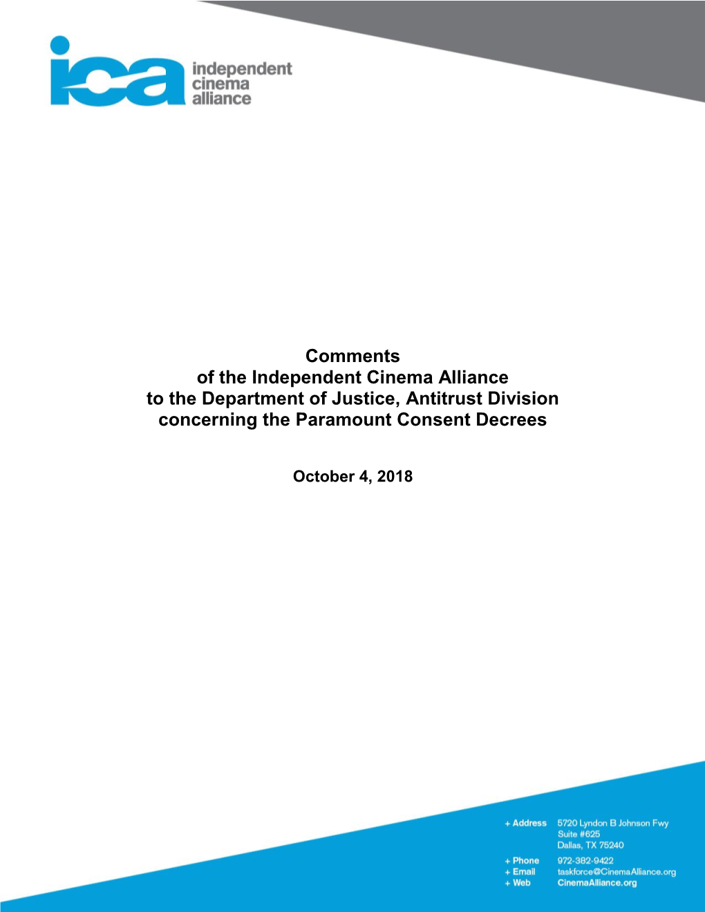 Paramount Consent Decree Review Public Comments 2018: Independent Cinema Alliance