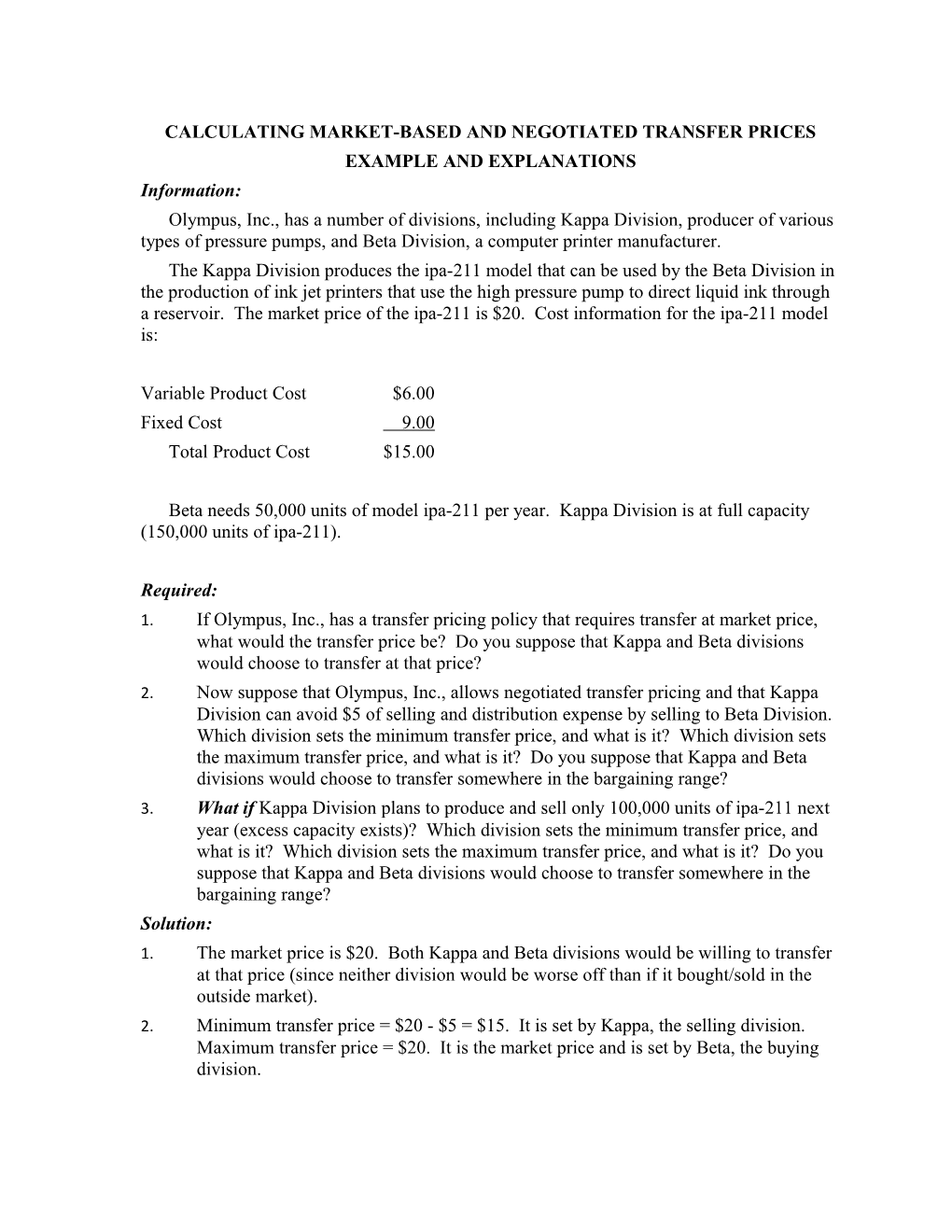 Calculating Market-Based and Negotiated Transfer Prices