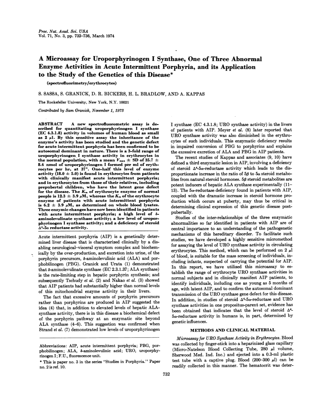 A Microassay for Uroporphyrinogen I Synthase, One of Three Abnormal