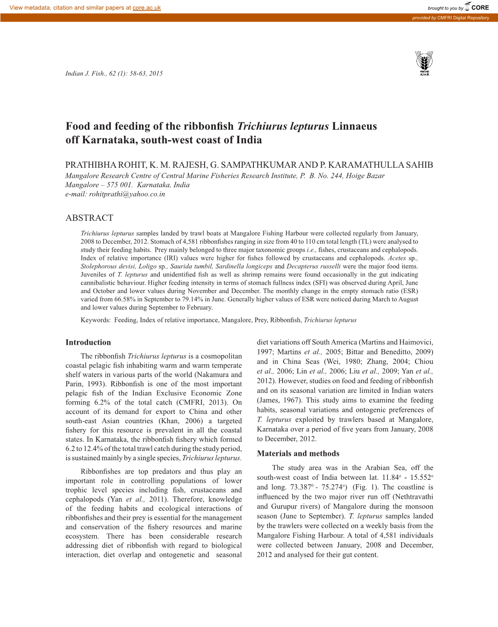 Food and Feeding of the Ribbonfish Trichiurus Lepturus Linnaeus Off Karnataka, South-West Coast of India