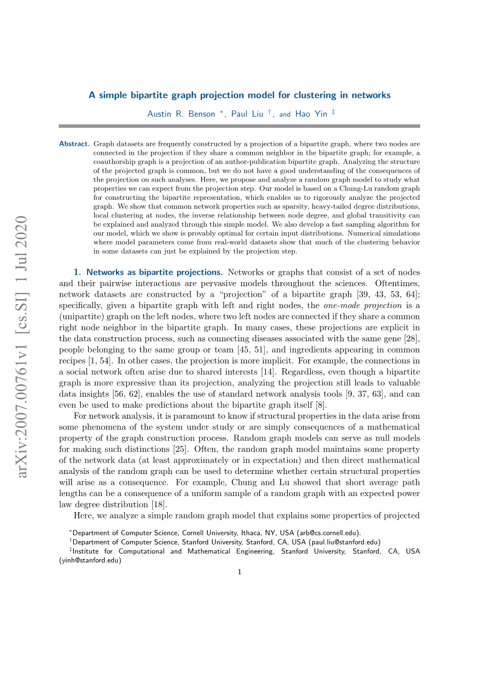 A Simple Bipartite Graph Projection Model for Clustering in Networks 3