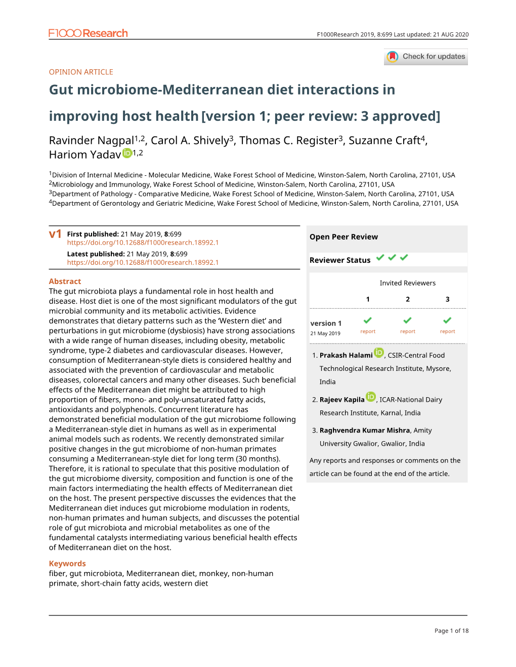 Gut Microbiome-Mediterranean Diet Interactions in Improving Host Health [Version 1; Peer Review: 3 Approved]