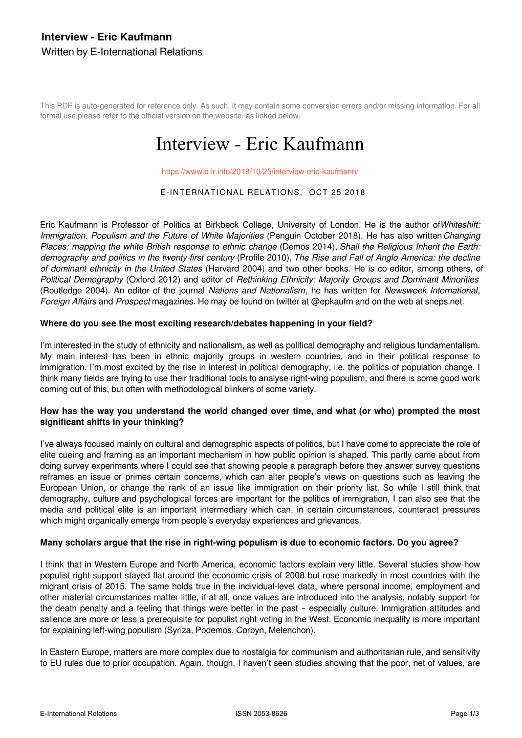 Interview - Eric Kaufmann Written by E-International Relations