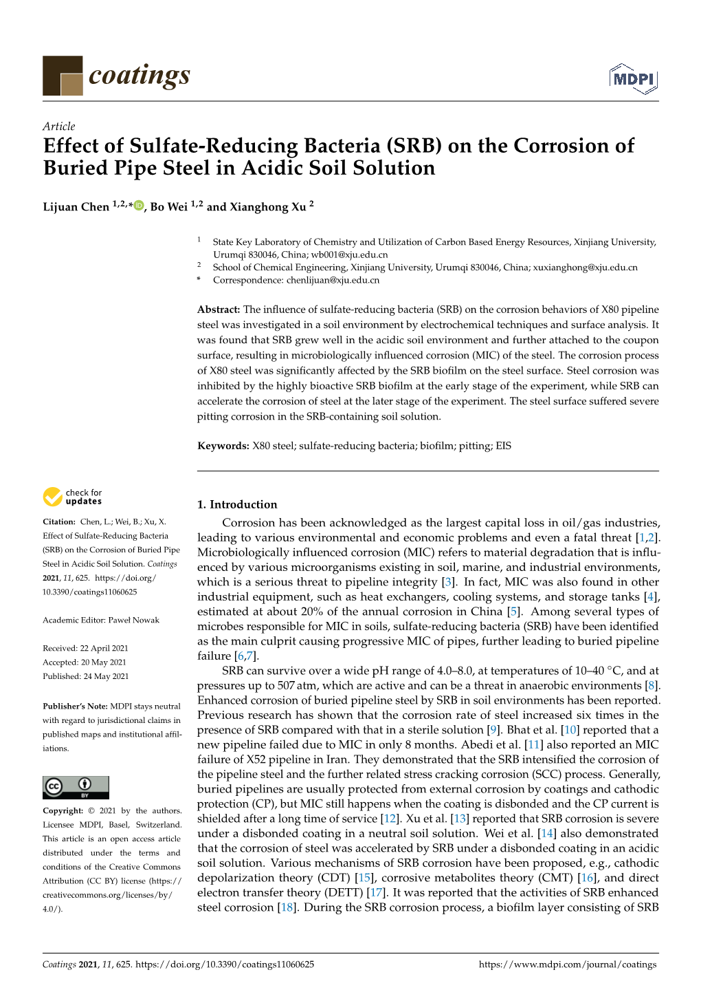 (SRB) on the Corrosion of Buried Pipe Steel in Acidic Soil Solution