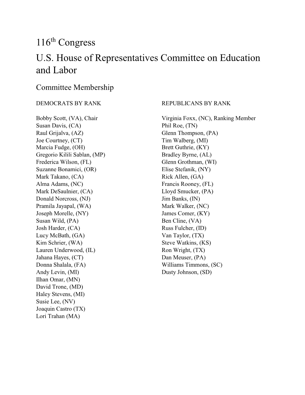 116Th Congress U.S. House of Representatives Committee on Education and Labor