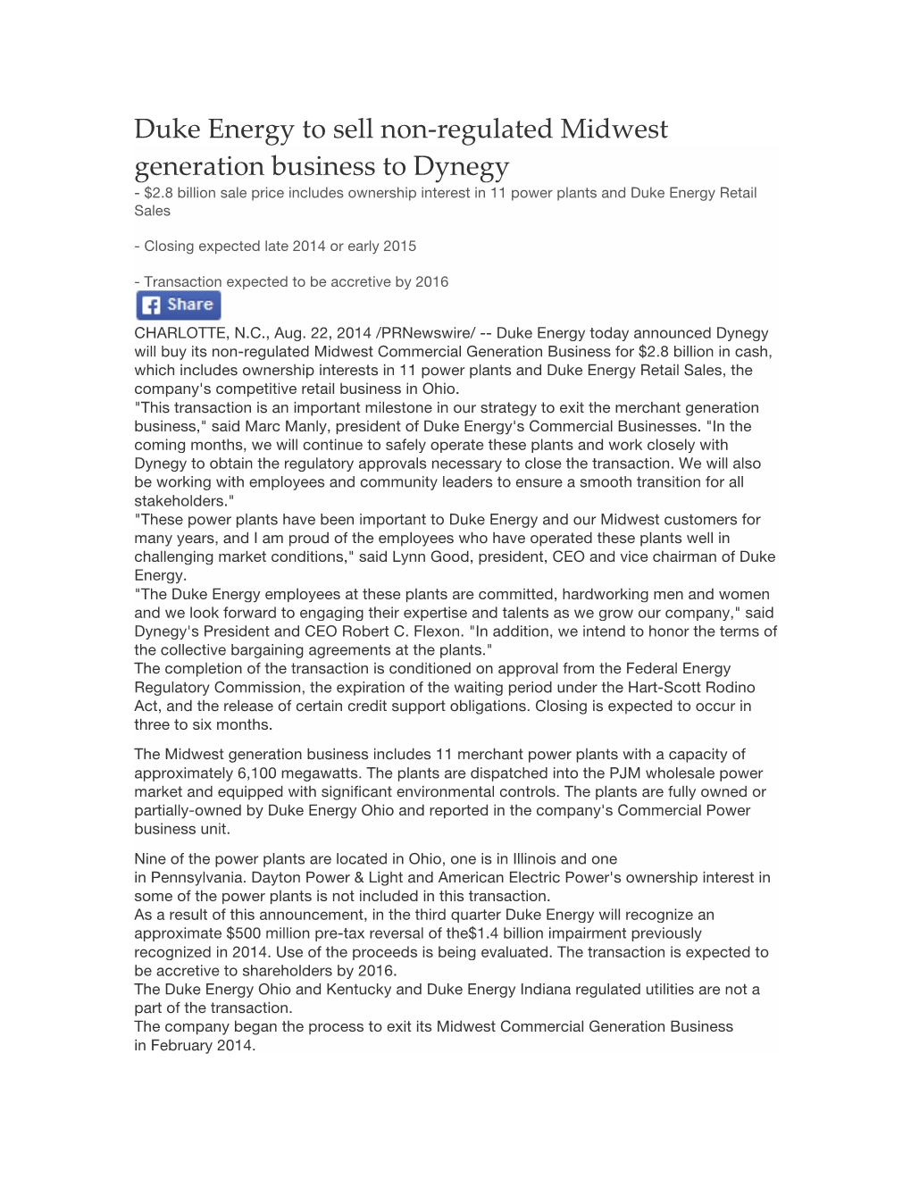 Duke Energy to Sell Non-‐‑Regulated Midwest Generation Business To