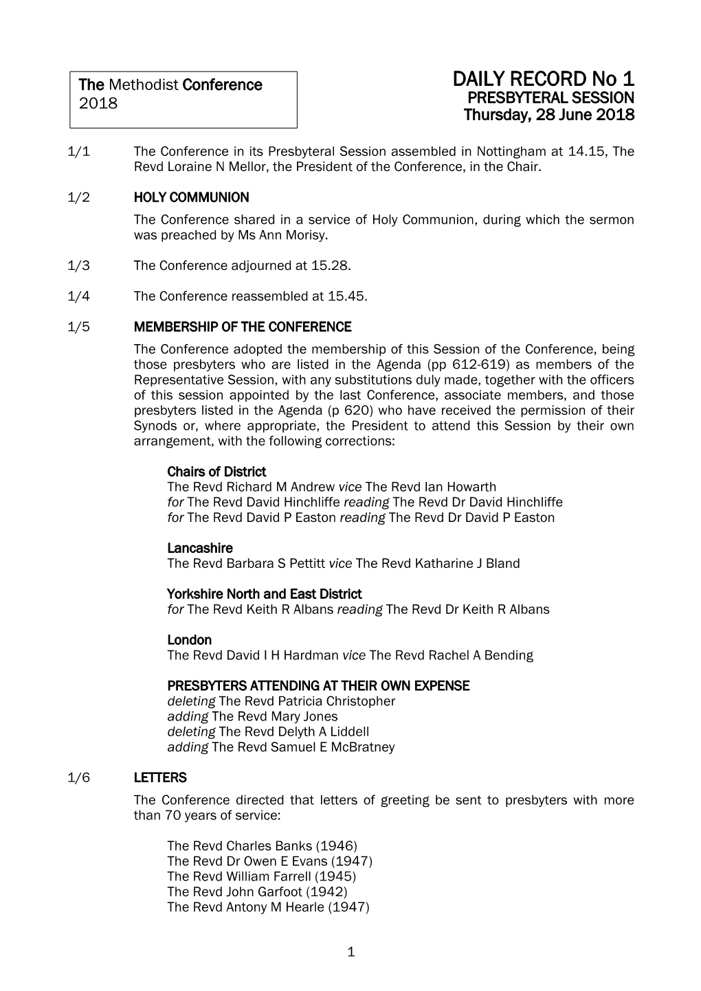 DAILY RECORD No 1 2018 PRESBYTERAL SESSION Thursday, 28 June 2018