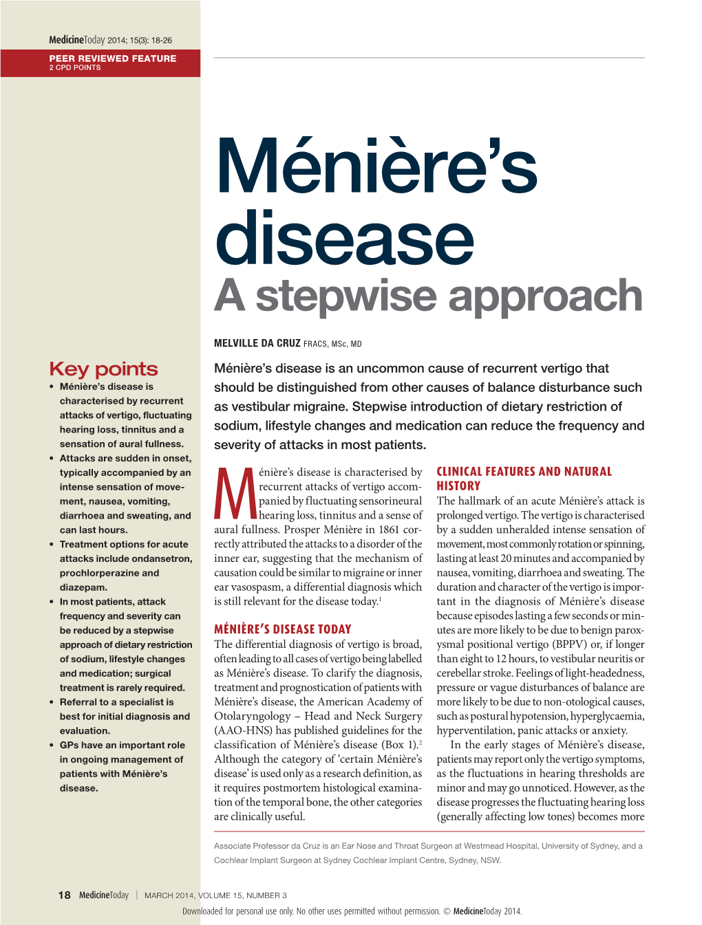 Meniere's Disease. a Stepwise Approach
