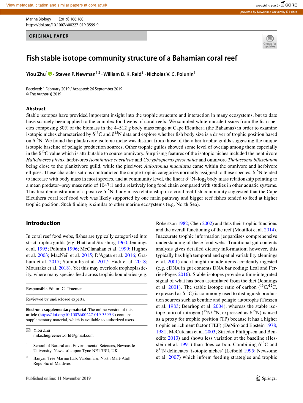 Fish Stable Isotope Community Structure of a Bahamian Coral Reef