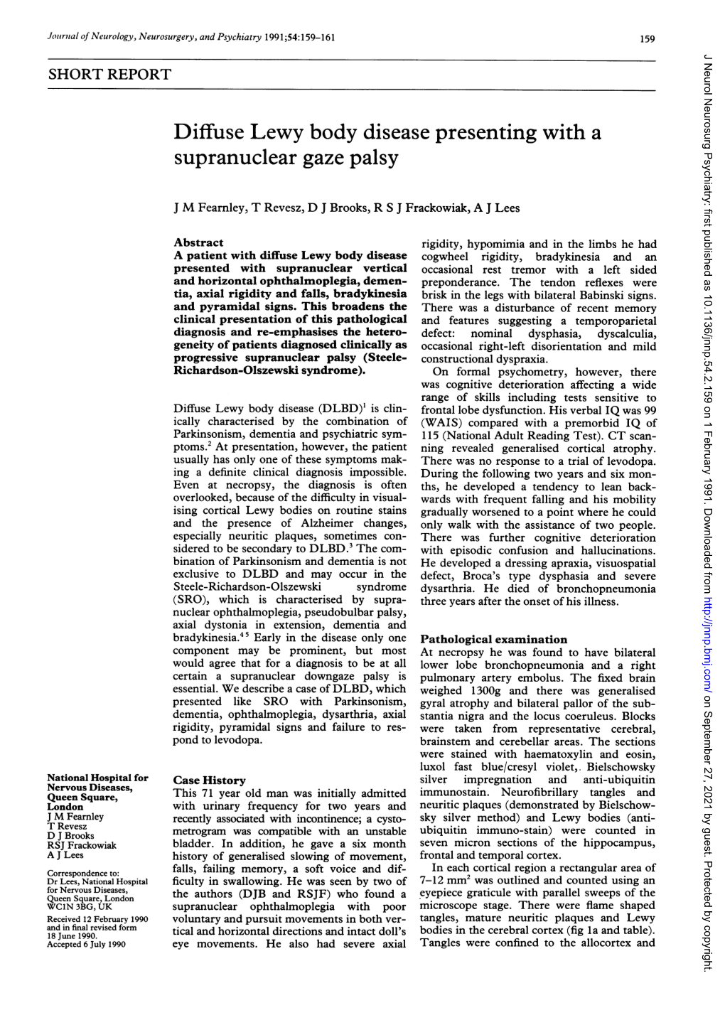 Diffuse Lewy Body Disease Presenting with a Supranuclear Gaze Palsy