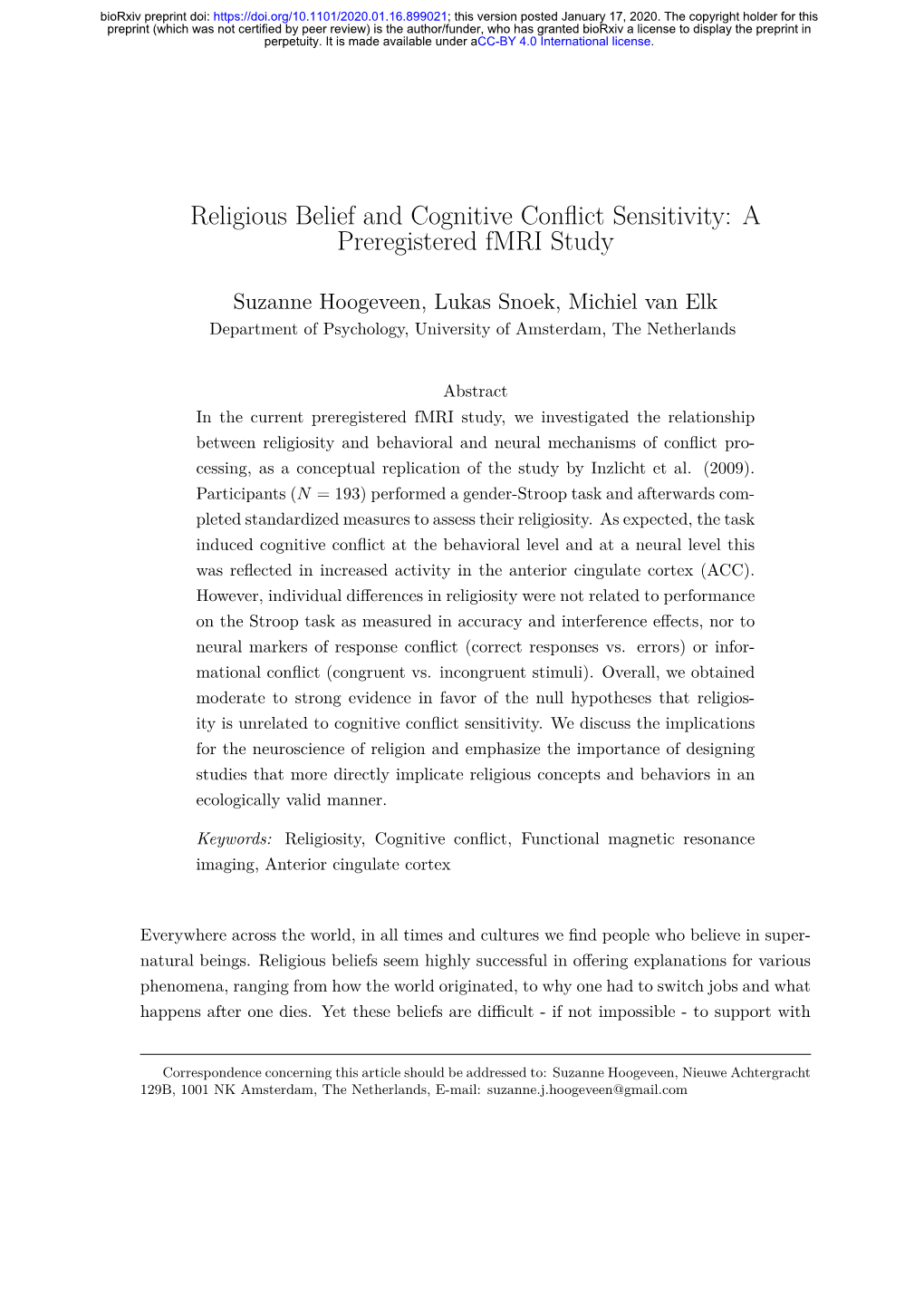 Religious Belief and Cognitive Conflict Sensitivity