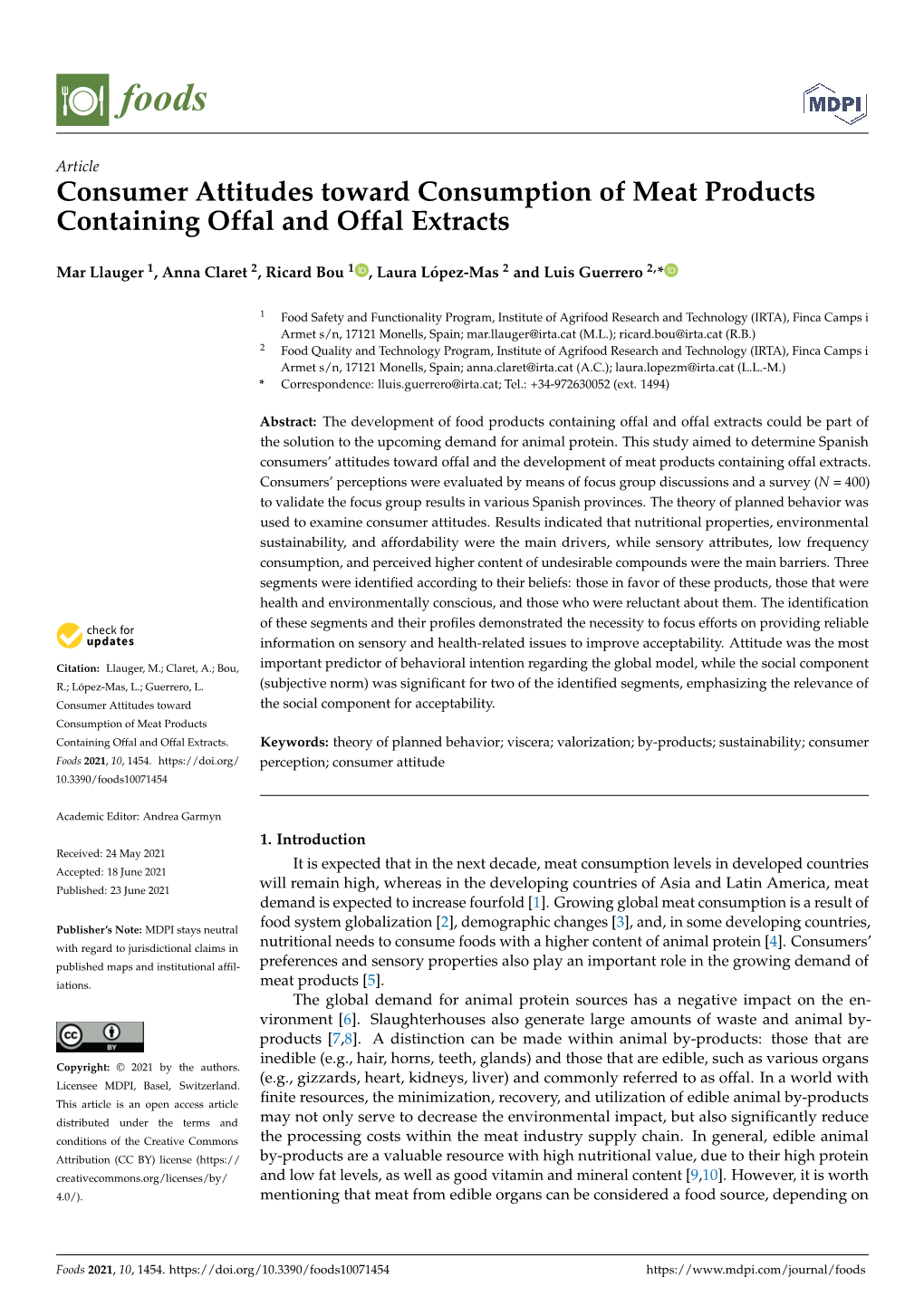 Consumer Attitudes Toward Consumption of Meat Products Containing Offal and Offal Extracts