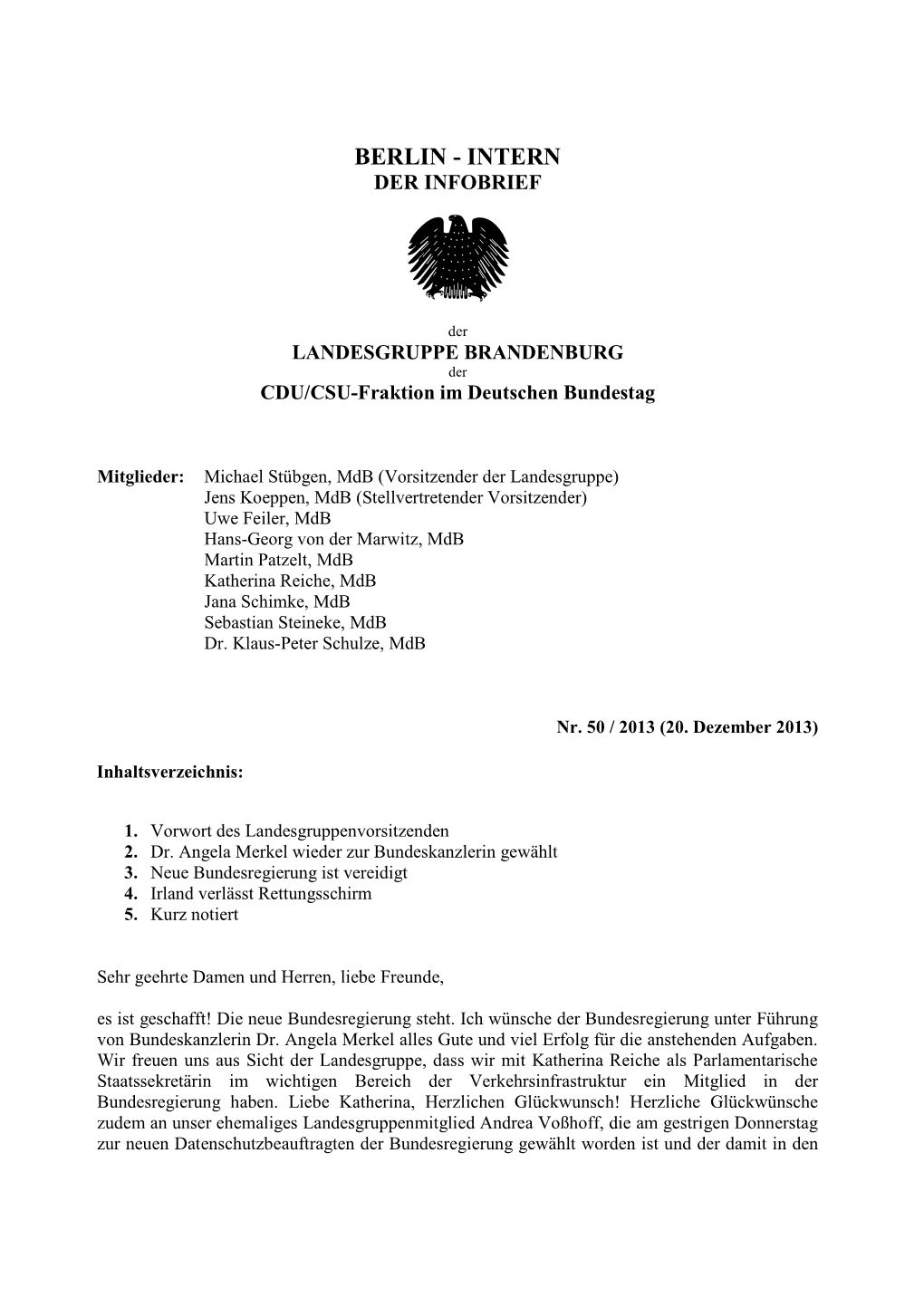 BERLIN - INTERN DER INFOBRIEF  Der LANDESGRUPPE BRANDENBURG Der CDU/CSU-Fraktion Im Deutschen Bundestag