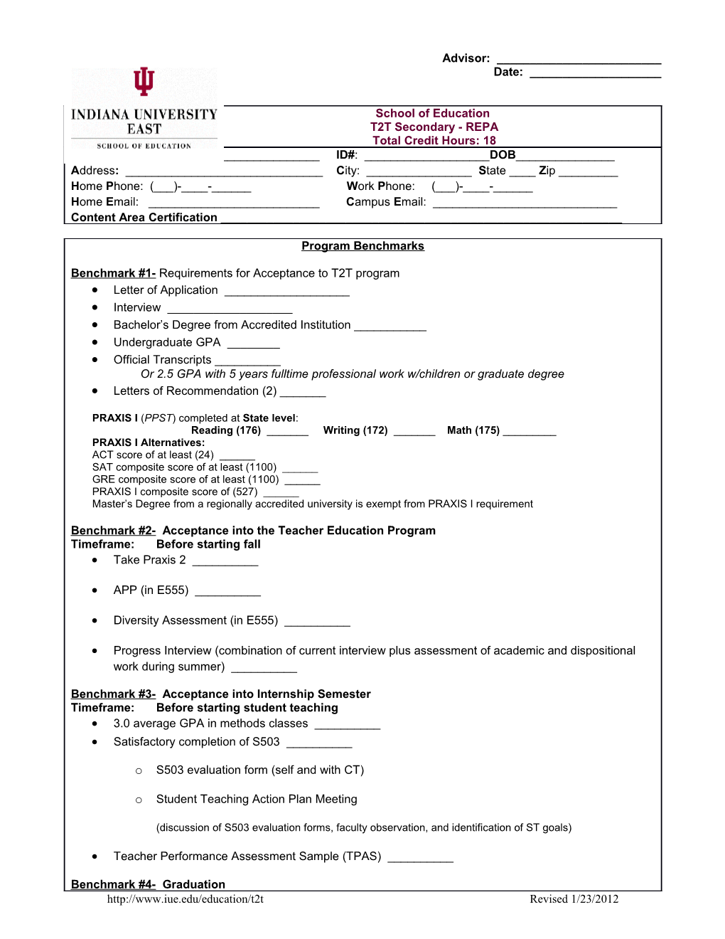 School of Education T2T Secondary - REPA Total Credit Hours: 18