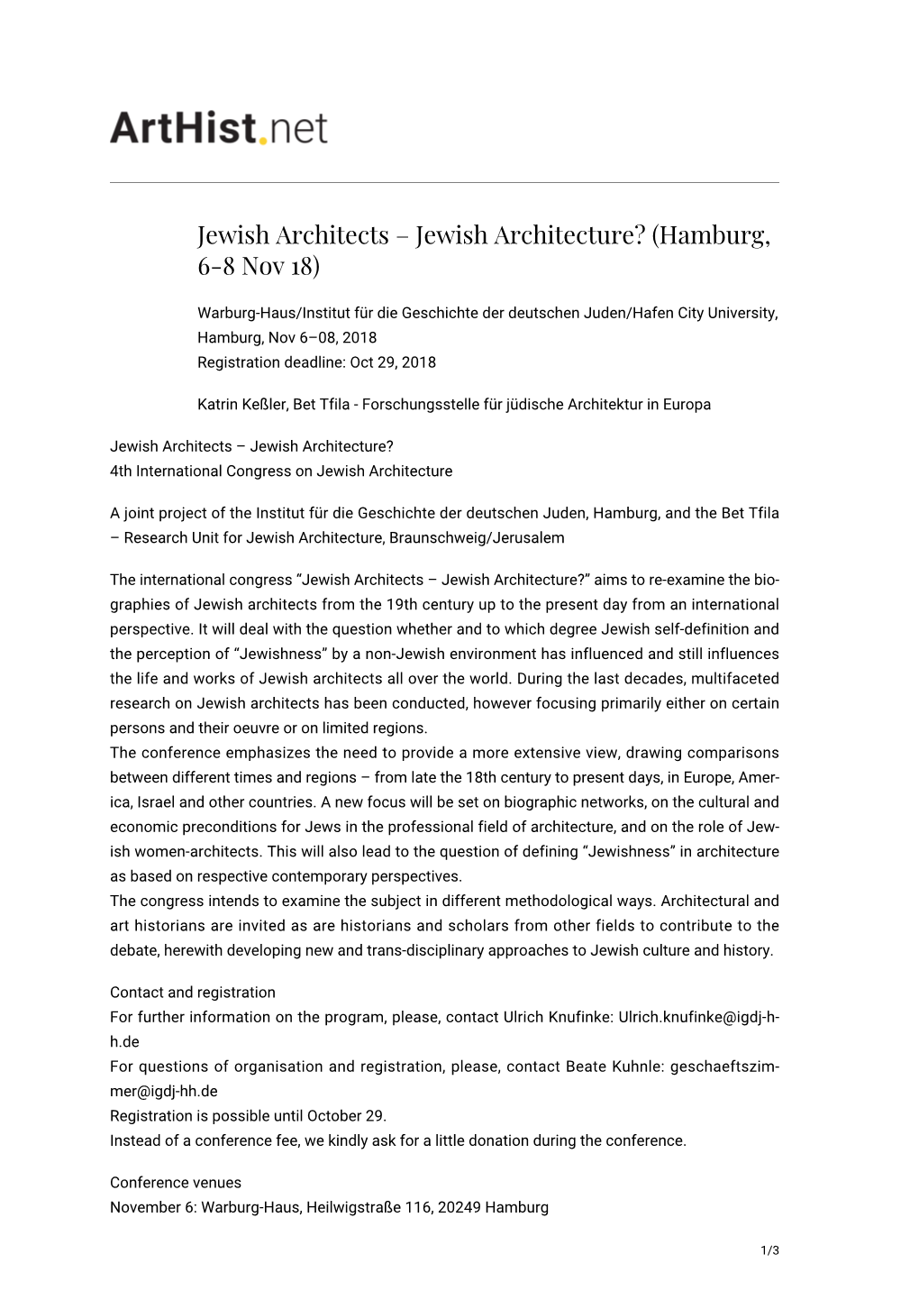 Jewish Architects – Jewish Architecture? (Hamburg, 6-8 Nov 18)