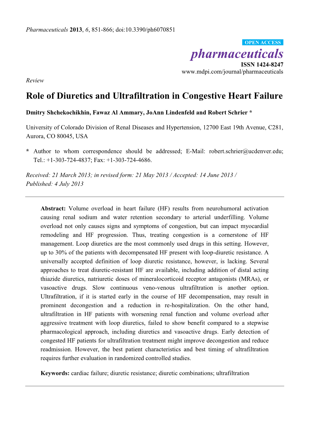 Role of Diuretics and Ultrafiltration in Congestive Heart Failure