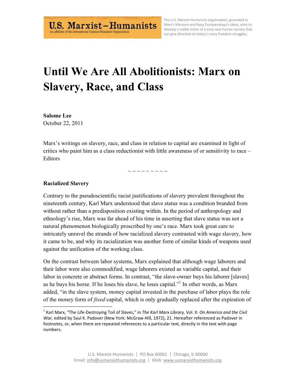 Until We Are All Abolitionists: Marx on Slavery, Race, and Class