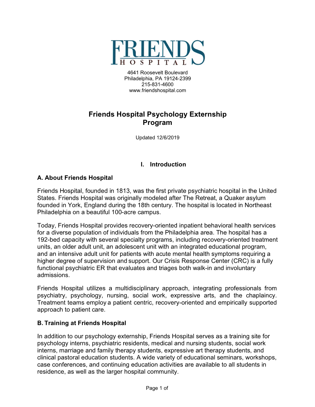Friends Hospital Psychology Externship Program