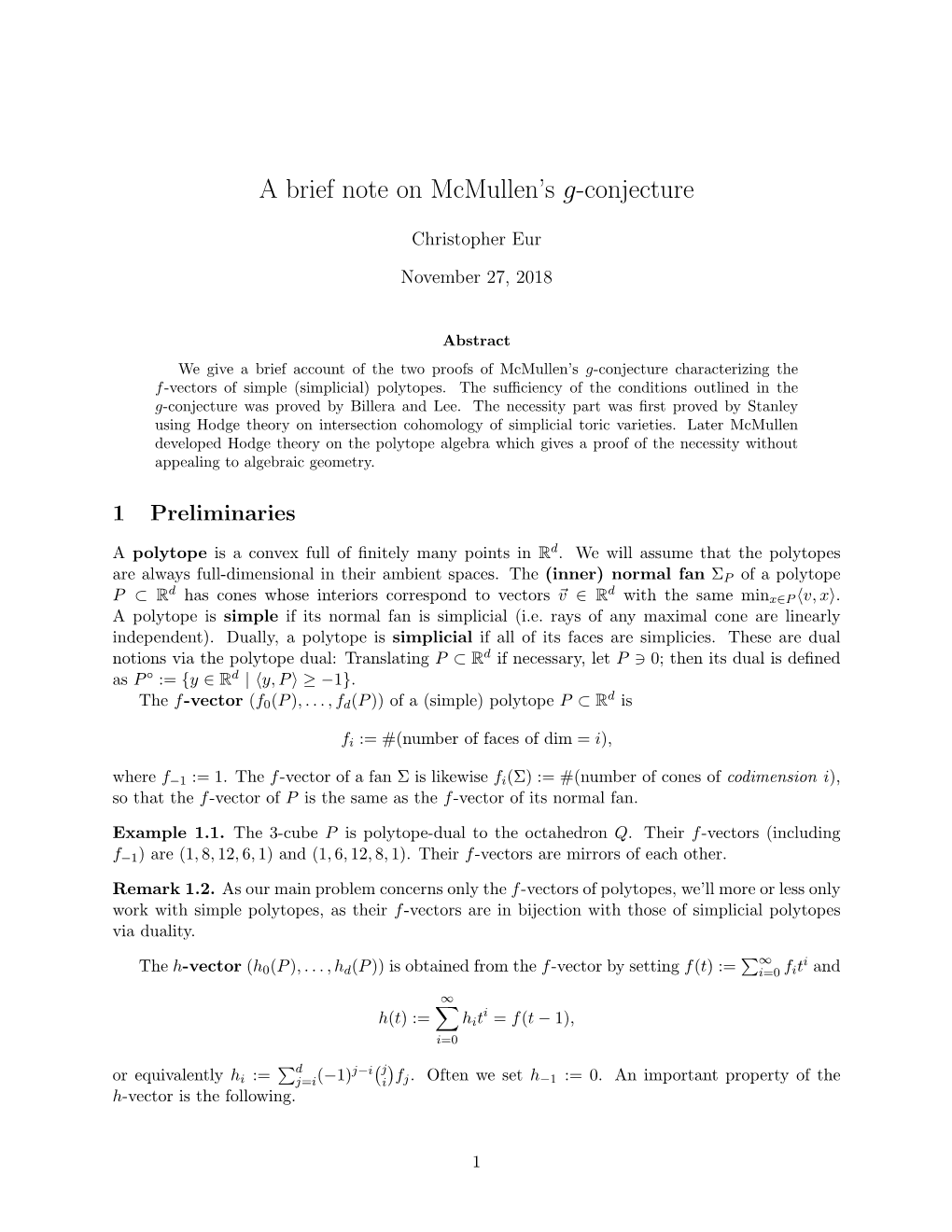 A Brief Note on Mcmullen's G-Conjecture