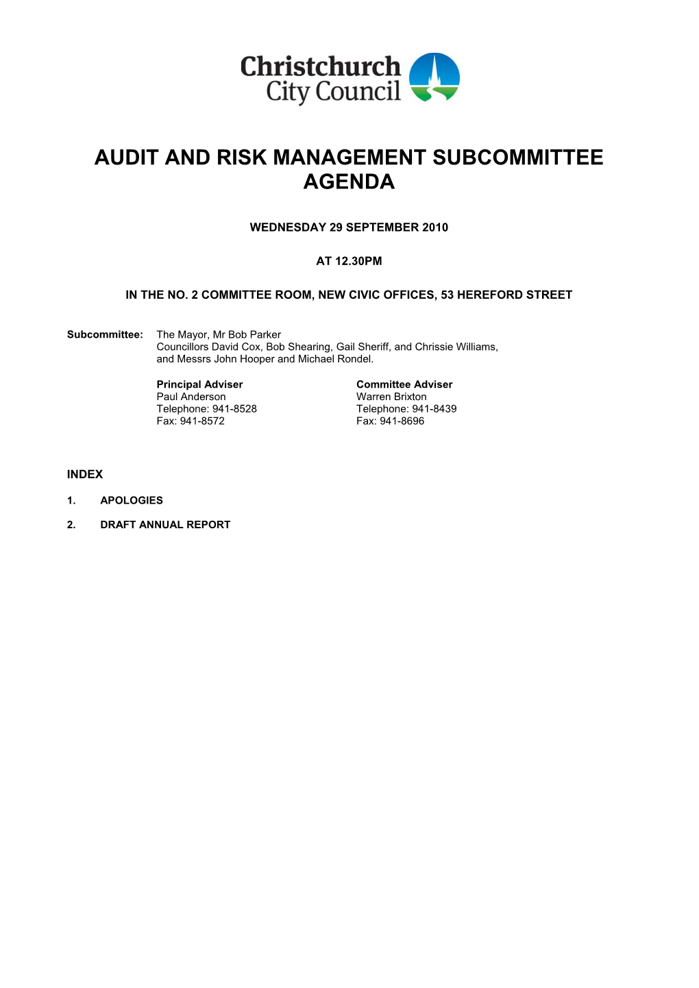 Audit and Risk Management Subcommittee Agenda