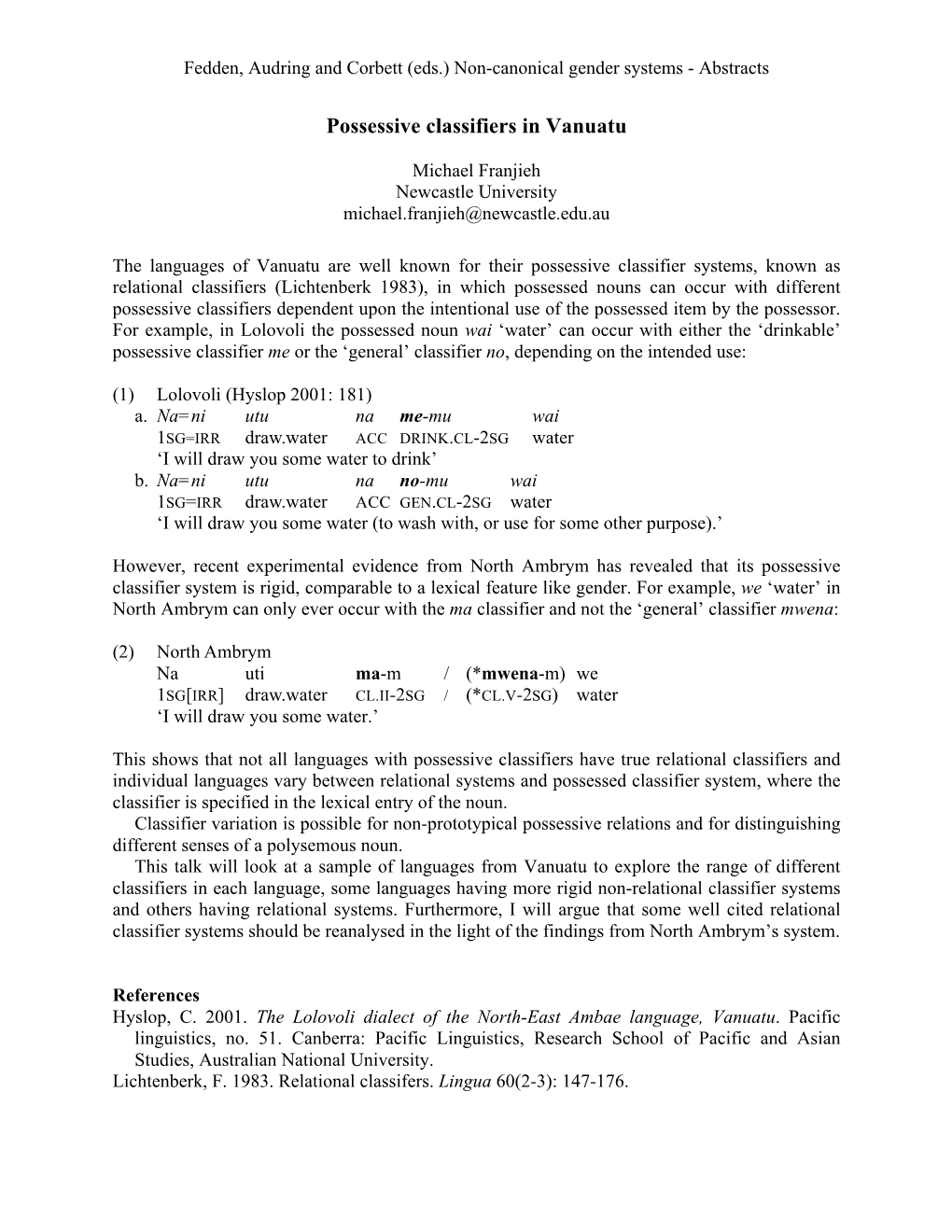 Possessive Classifiers in Vanuatu