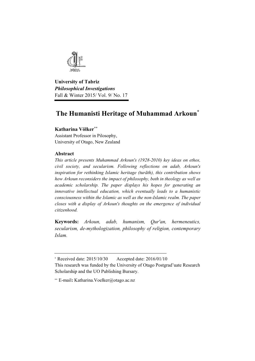 The Humanisti Heritage of Muhammad Arkoun*