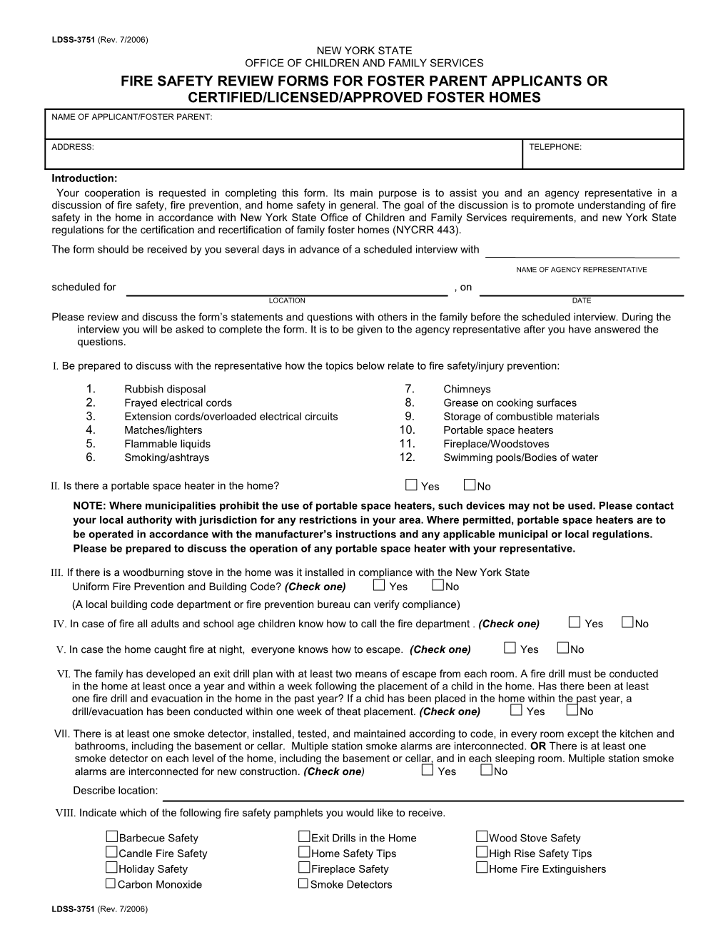 LDSS-3751 Fire Safety Review Form for Foster Parent Applicants Or Certified/Licensed/Approval