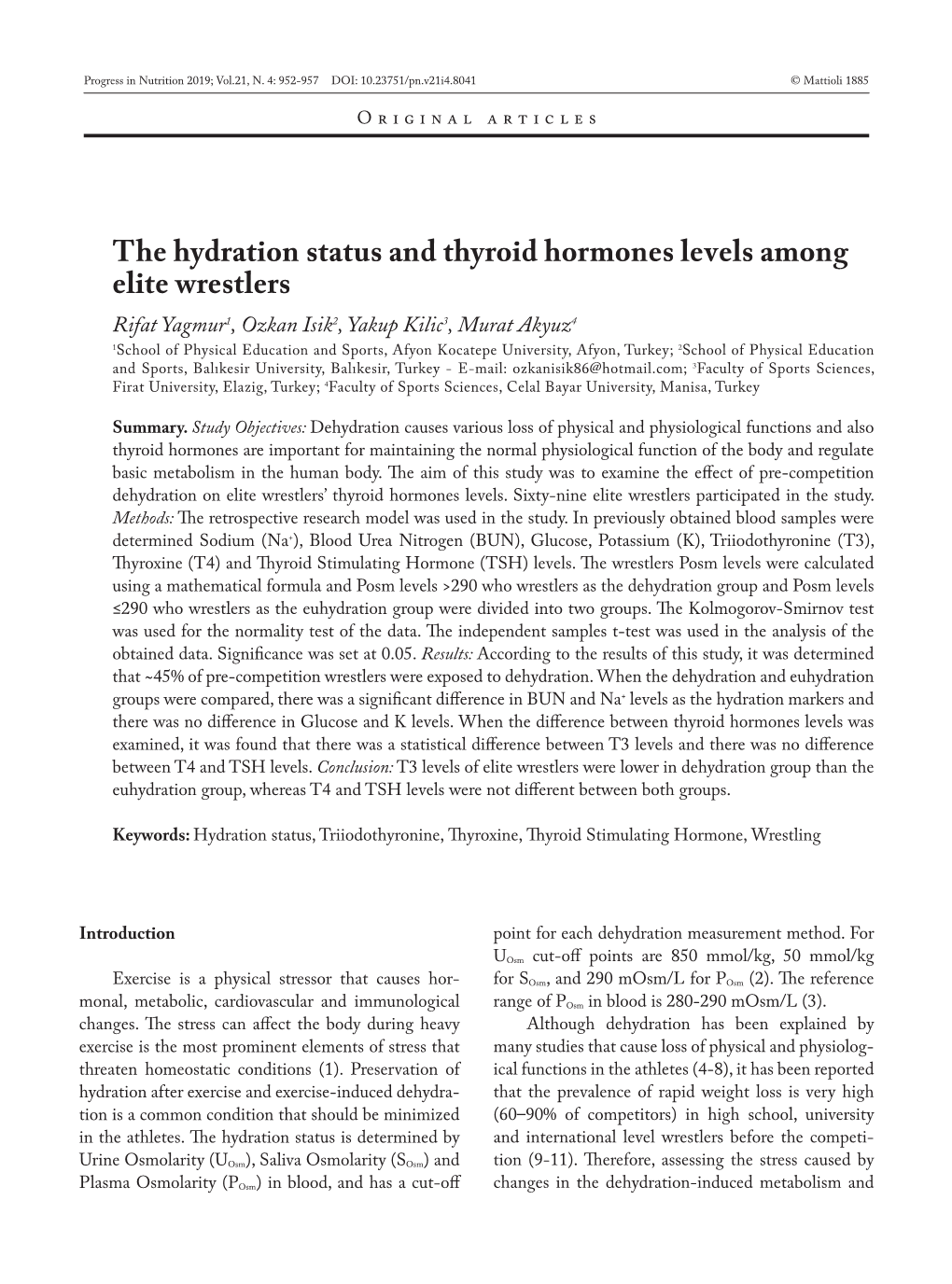 The Hydration Status and Thyroid Hormones Levels Among Elite