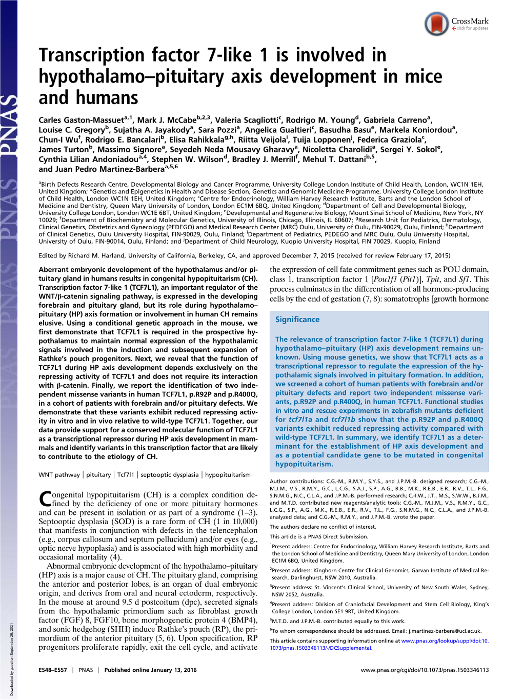 Transcription Factor 7-Like 1 Is Involved in Hypothalamo–Pituitary Axis Development in Mice and Humans