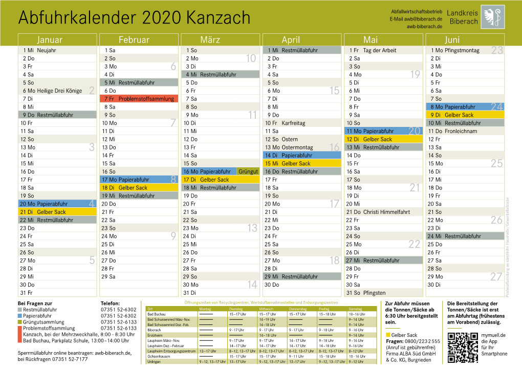 Abfuhrkalender 2020 Kanzach