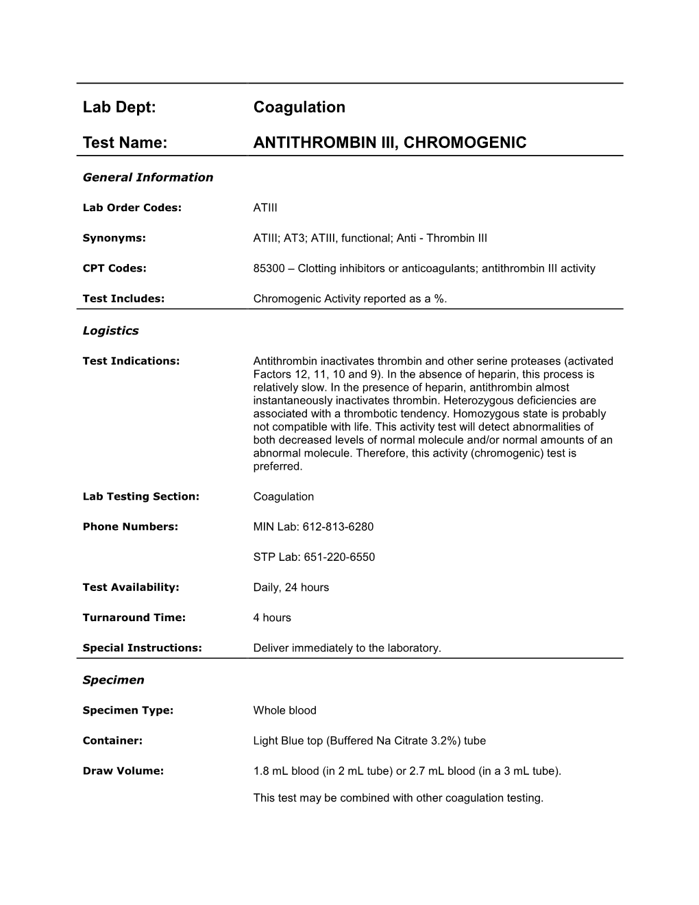 Antithrombin Iii, Chromogenic
