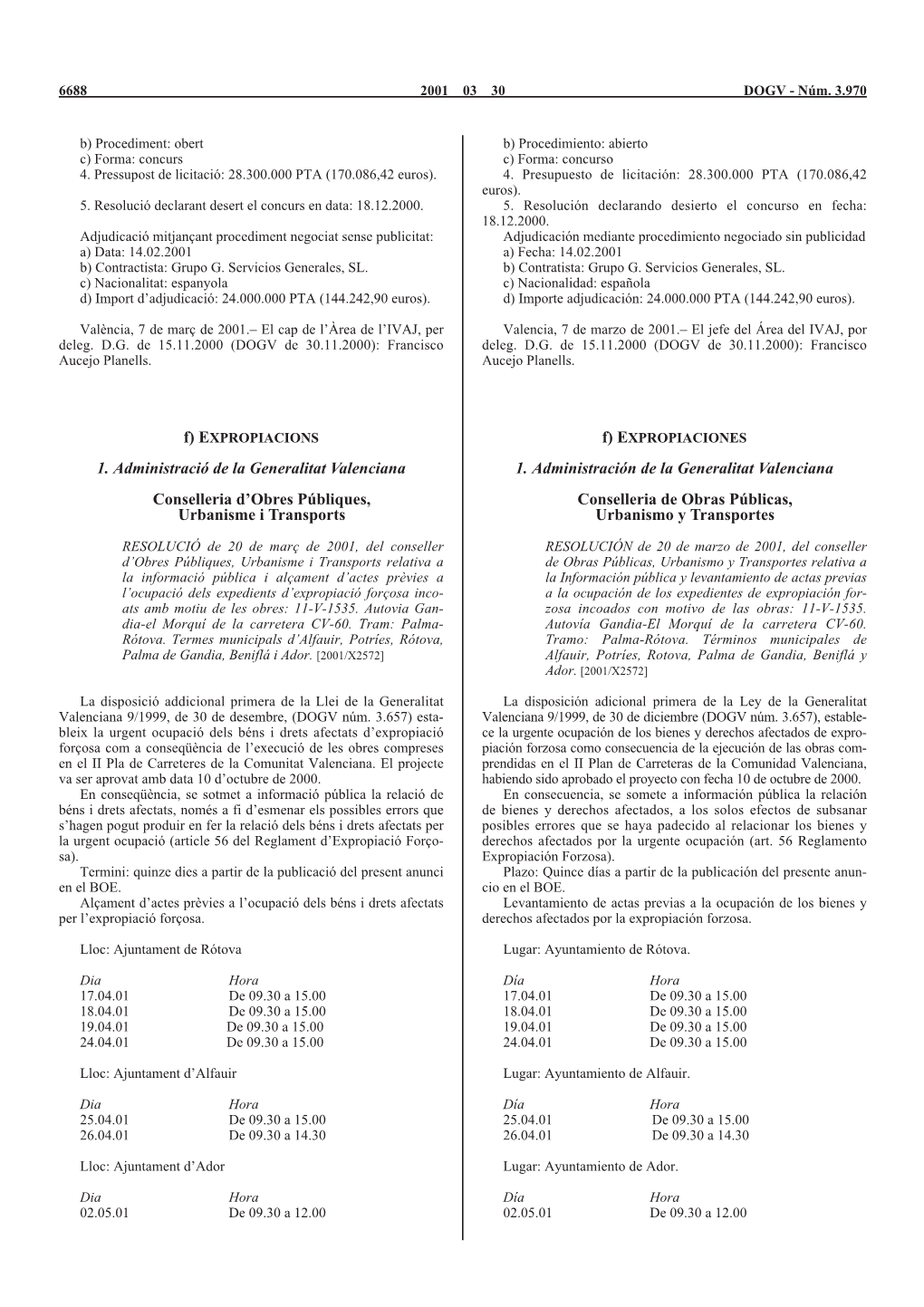 1. Administració De La Generalitat Valenciana Conselleria D'obres