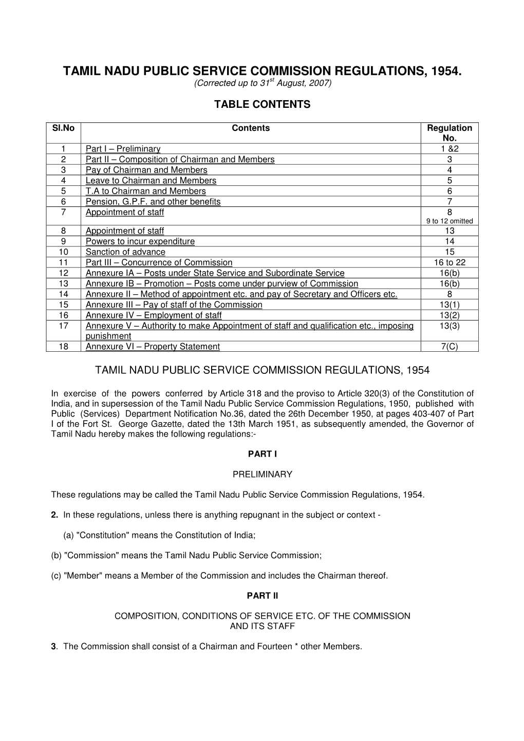 TAMIL NADU PUBLIC SERVICE COMMISSION REGULATIONS, 1954. (Corrected up to 31 St August, 2007)