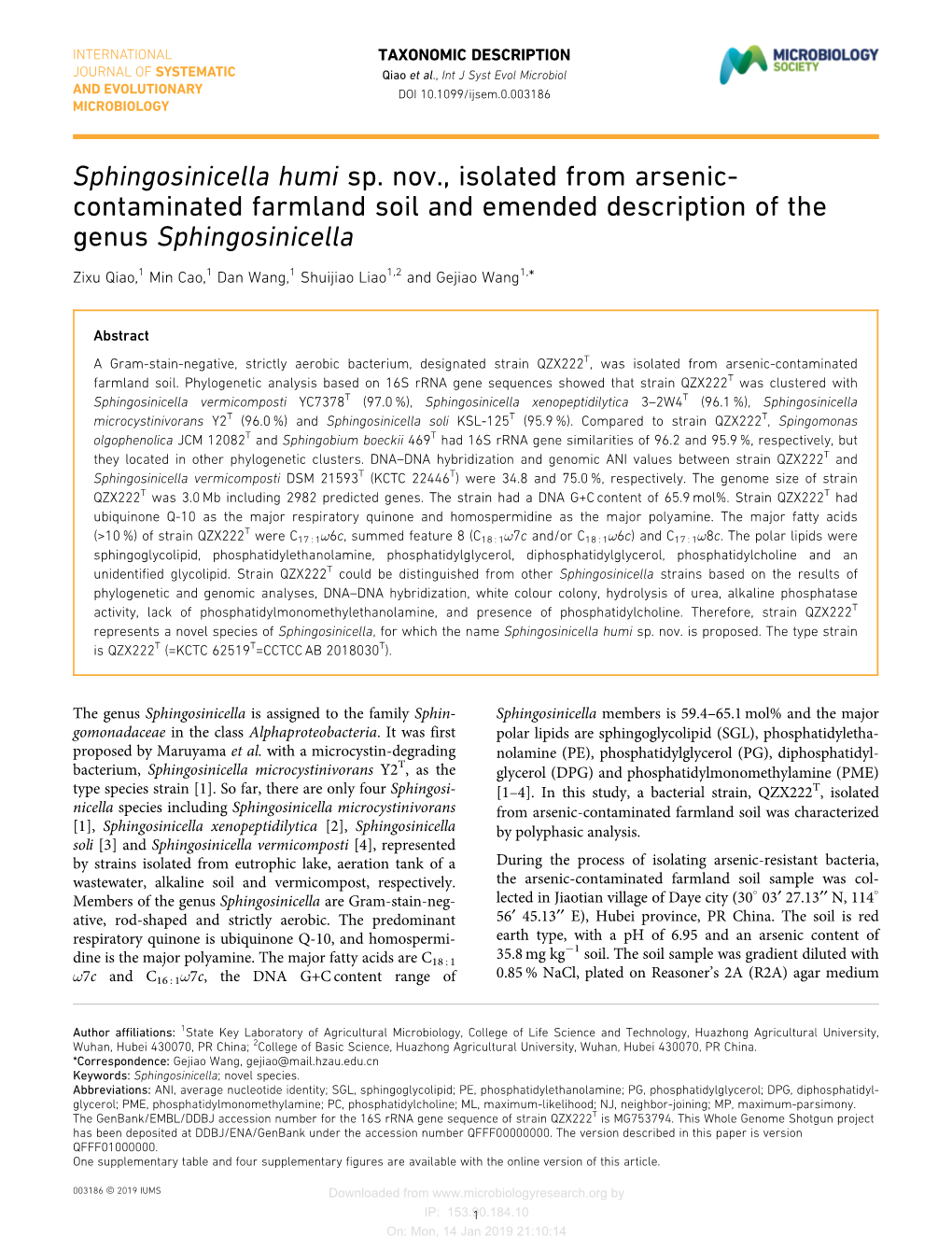 Sphingosinicella Humi Sp. Nov., Isolated from Arsenic- Contaminated Farmland Soil and Emended Description of the Genus Sphingosinicella