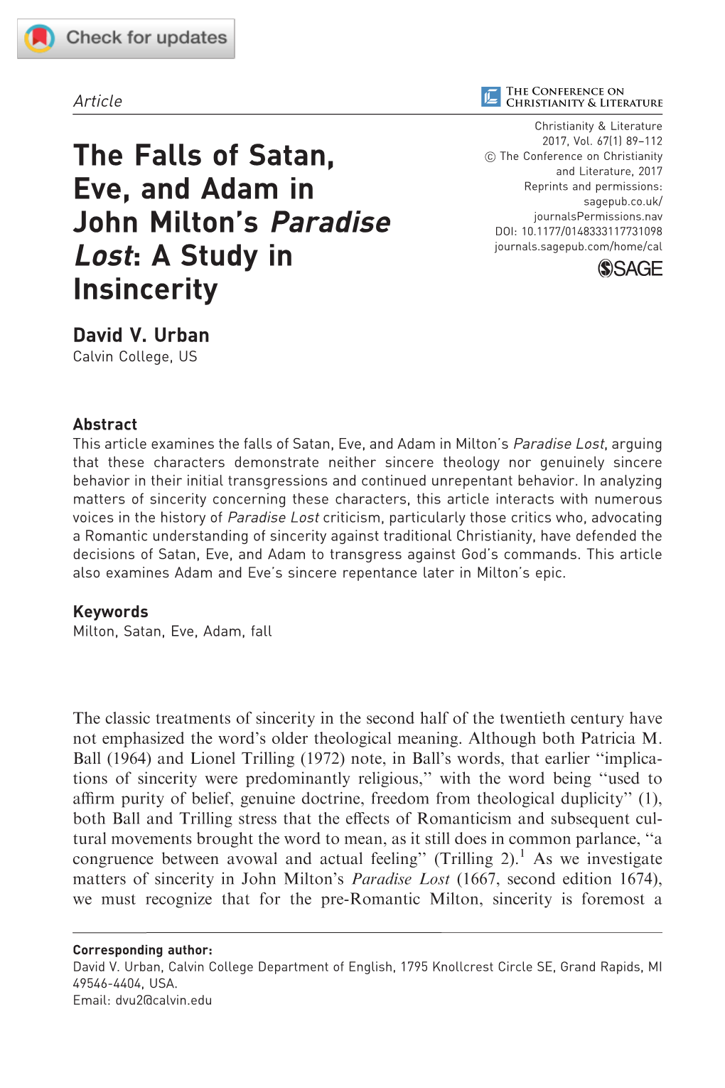 The Falls of Satan, Eve, and Adam in John Milton's Paradise Lost