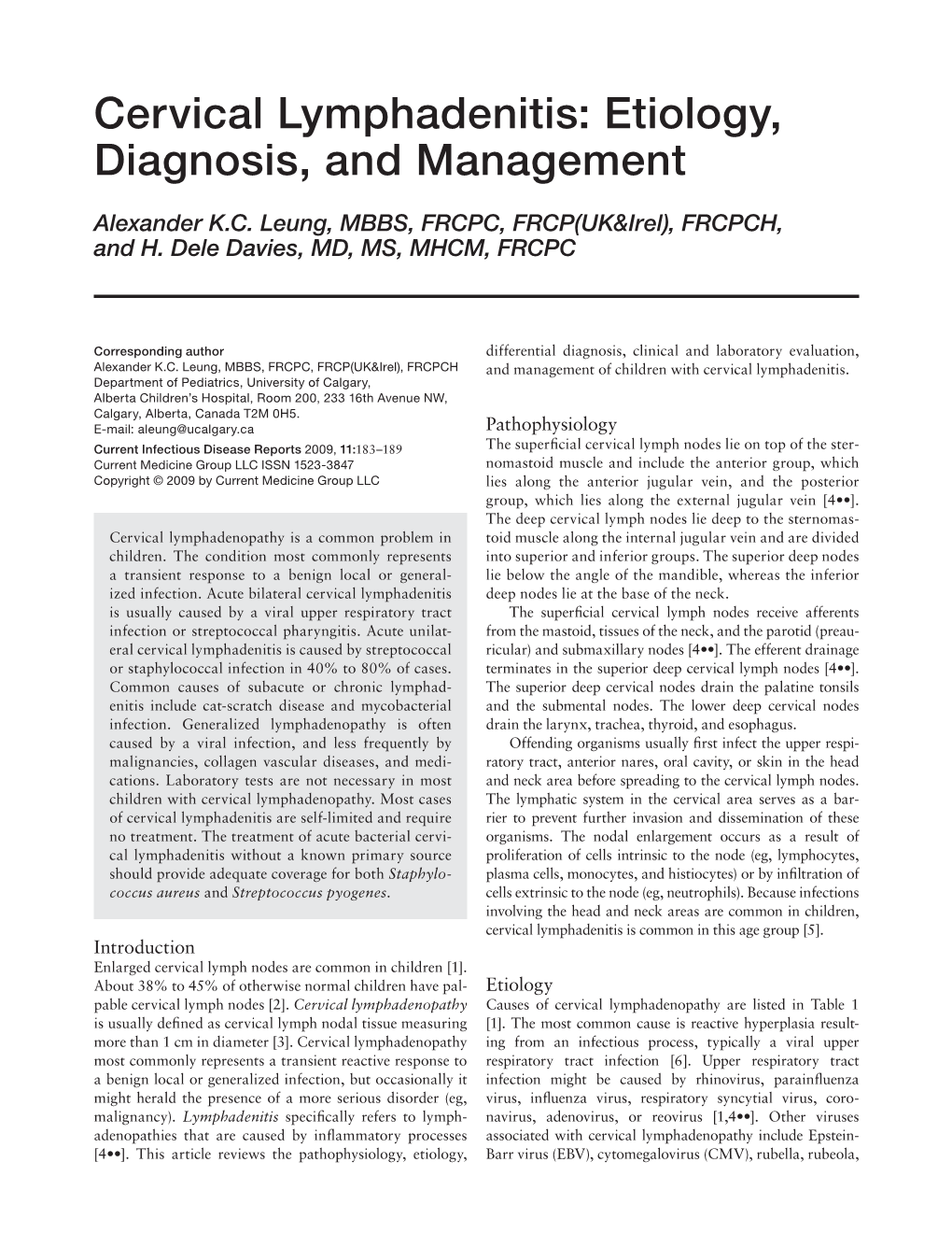 Cervical Lymphadenitis: Etiology, Diagnosis, and Management