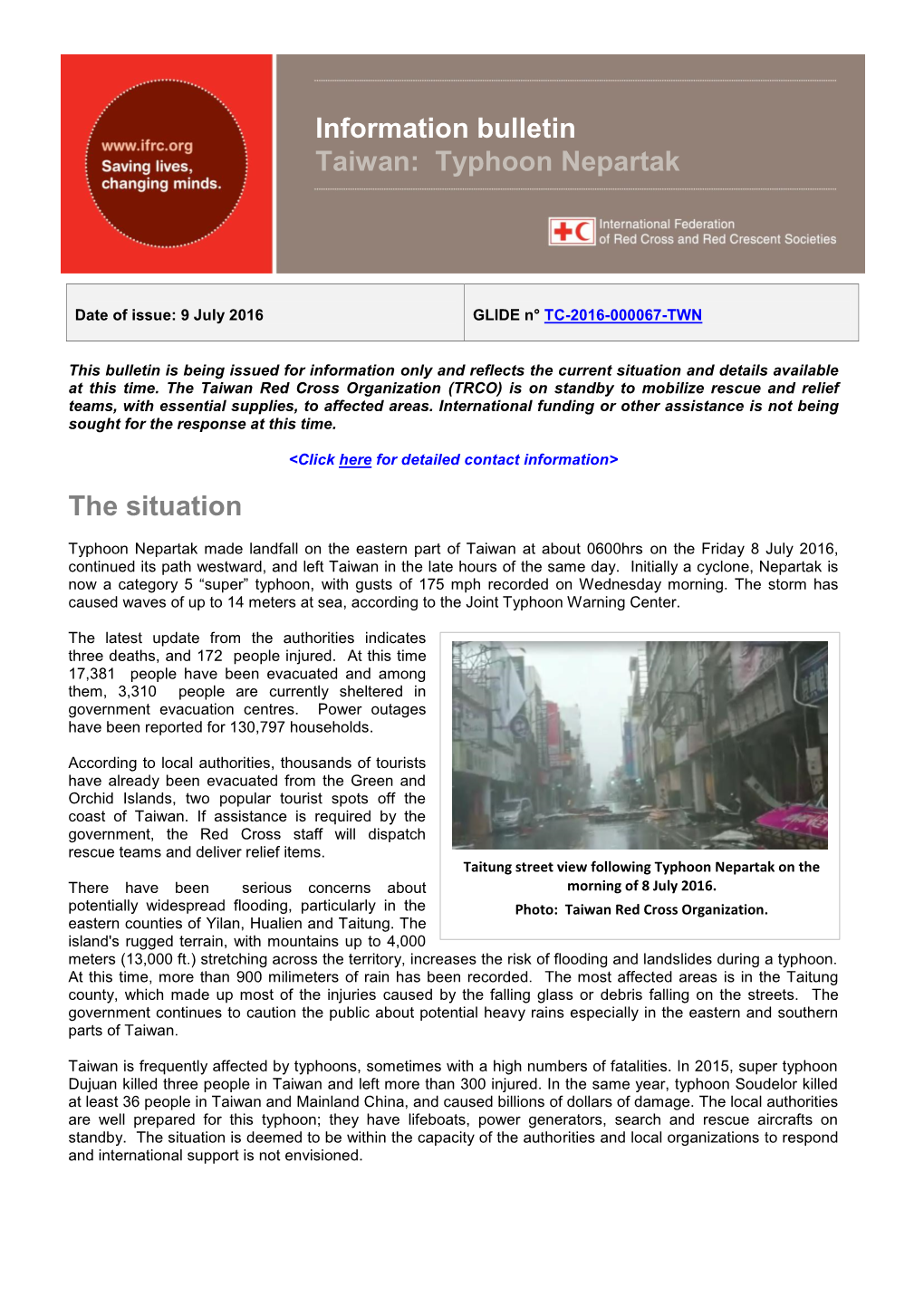 The Situation Information Bulletin Taiwan: Typhoon Nepartak