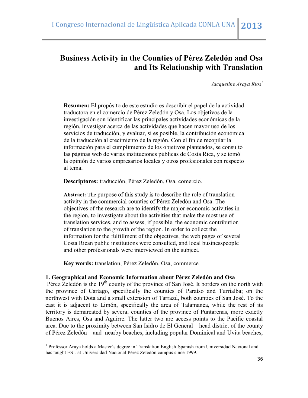 Business Activity in the Counties of Pérez Zeledón and Osa and Its Relationship with Translation