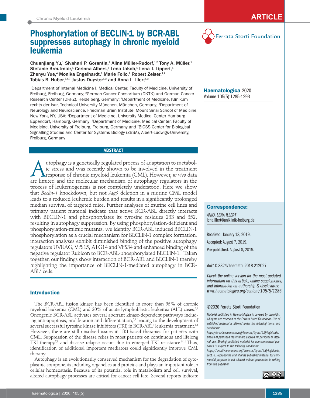 Phosphorylation of BECLIN-1 by BCR-ABL Suppresses Autophagy in Chronic Myeloid Leukemia