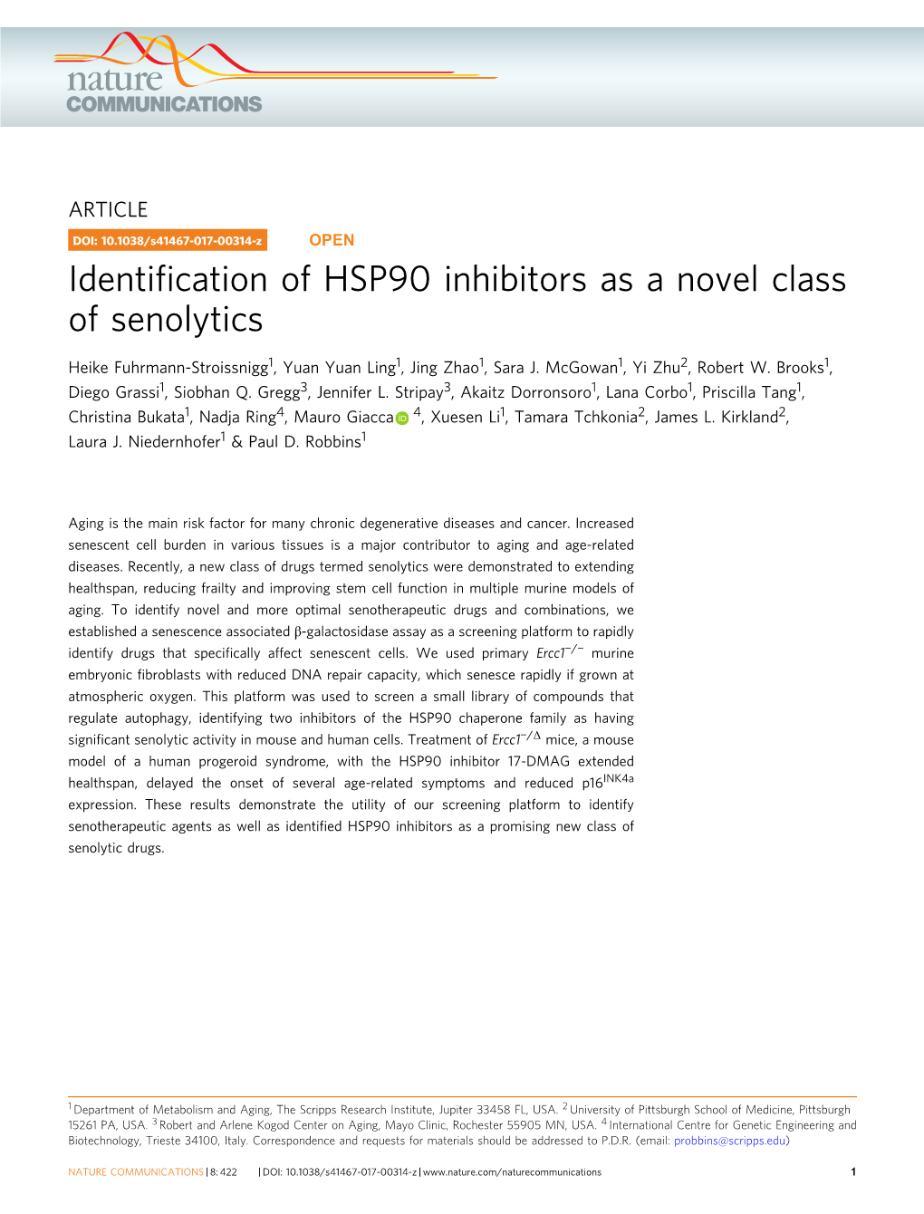 Identification of HSP90 Inhibitors As a Novel Class of Senolytics