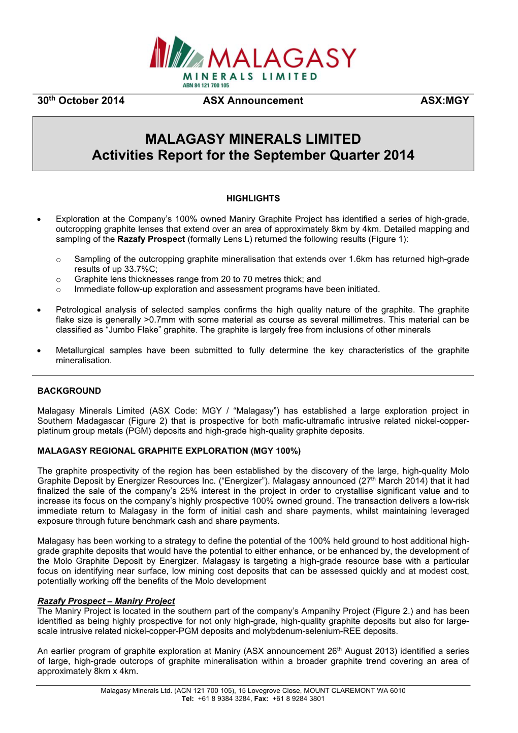MALAGASY MINERALS LIMITED Activities Report for the September Quarter 2014
