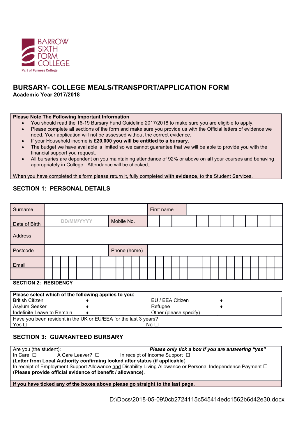 Bursary- College Meals/Transport/Application Form