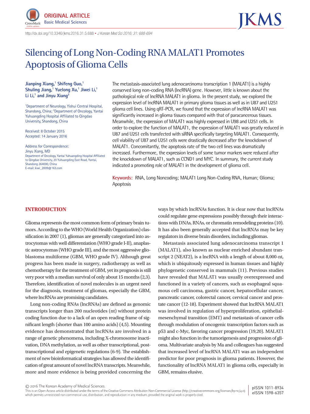 Silencing of Long Non-Coding RNA MALAT1 Promotes Apoptosis of Glioma Cells