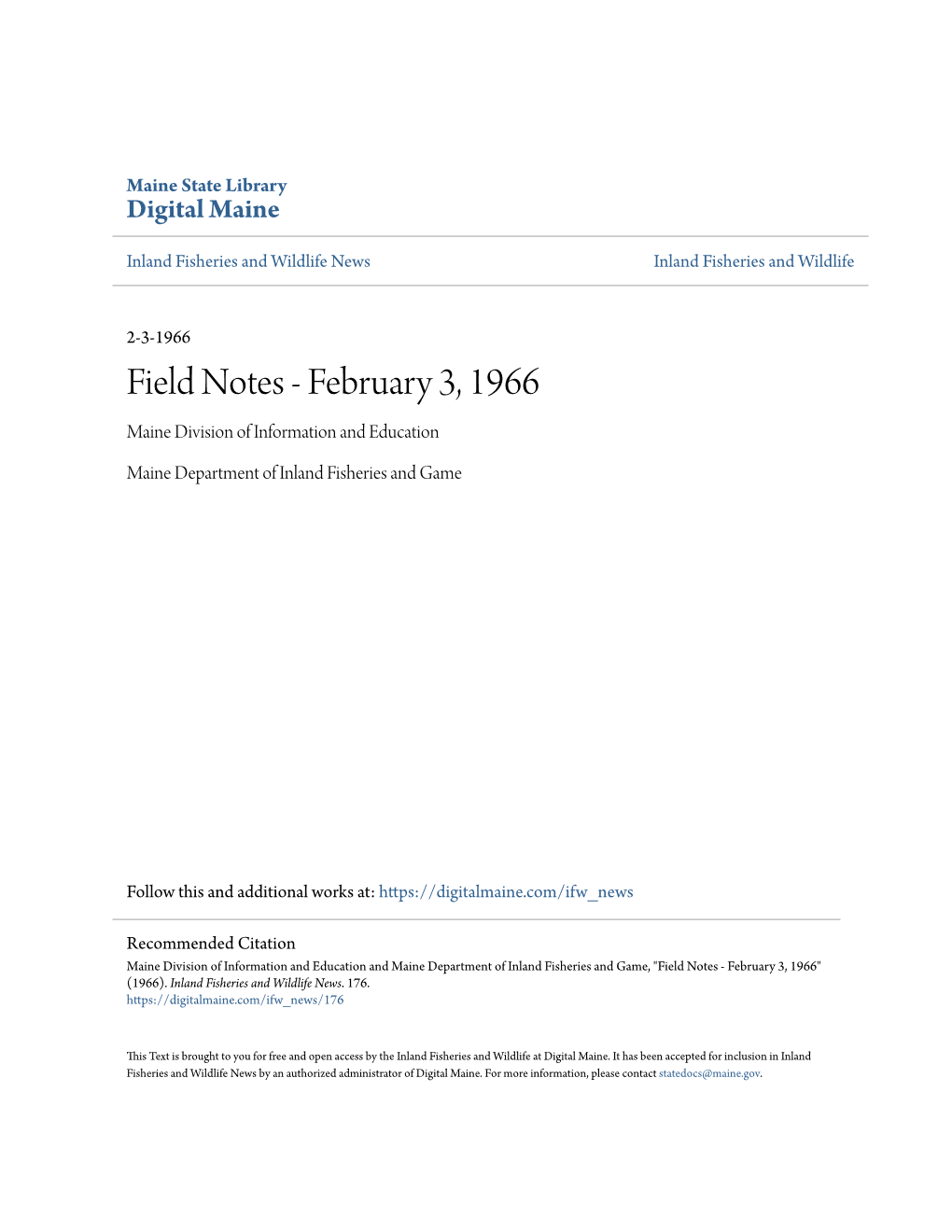 Field Notes - February 3, 1966 Maine Division of Information and Education