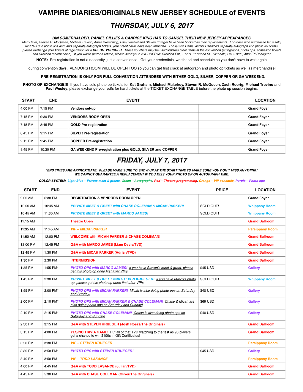 SCHEDULE of EVENTS THURSDAY, JULY 6, 2017